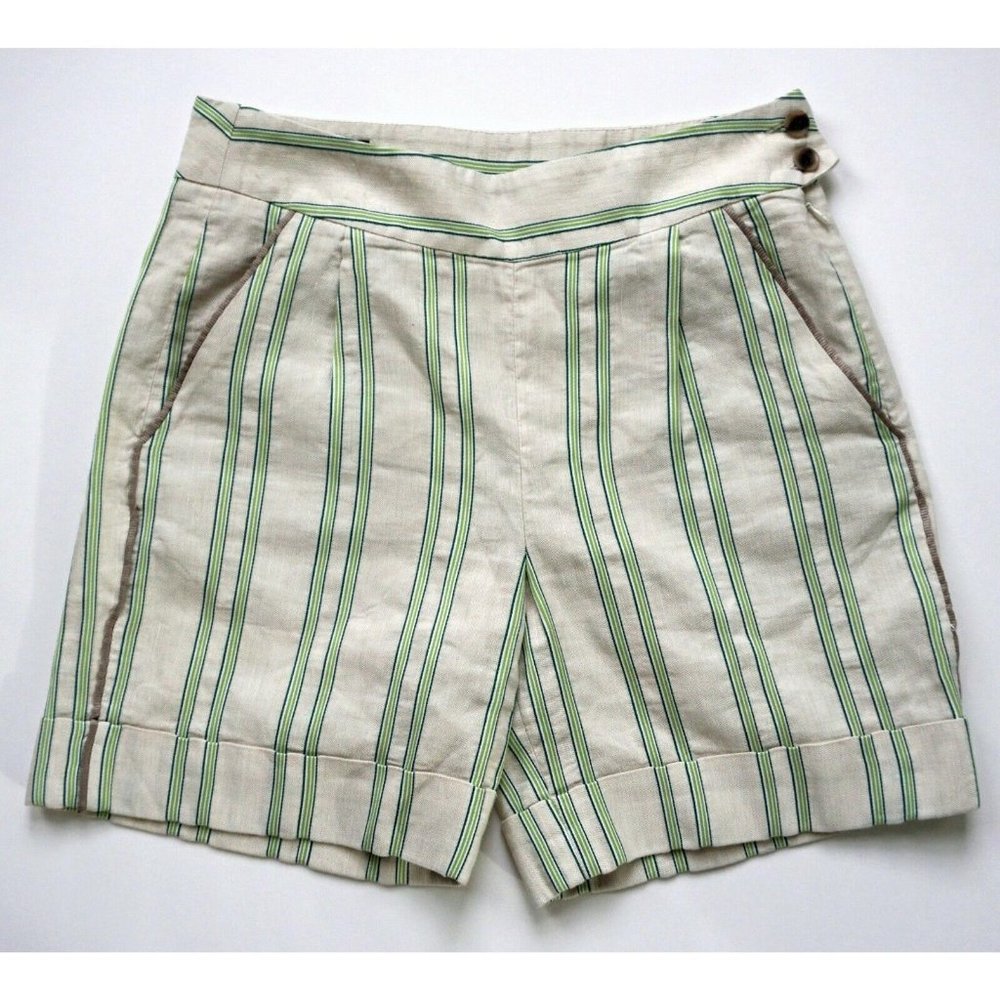 FACONNABLE Beige Green Striped Linen Blend Shorts